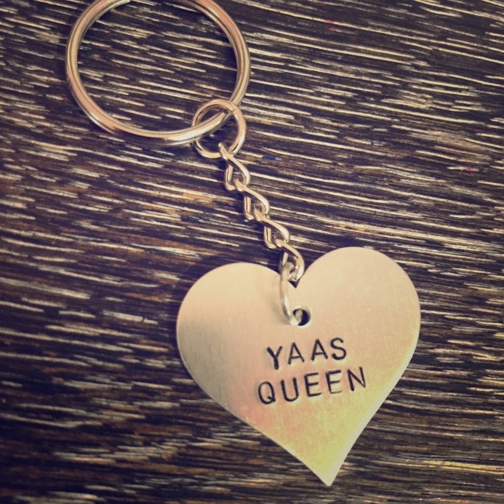 Yas Queen hand stamped rustic keychain